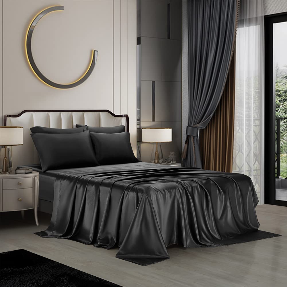 Aimay 6 Piece Satin Bedding Sheet Set King Black Deep Pocket 1800 Series Luxury Rich Silk Silky Super Soft Solid Color 4 Pillowc