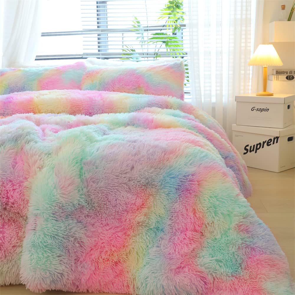 Chovy Faux Fur Plush Tie-Dyed Pink Comforter Sets Twin/Full Size - Ultra Soft Shaggy Flannel Velvet Fluffy Fuzzy 3Pc Bedding Set
