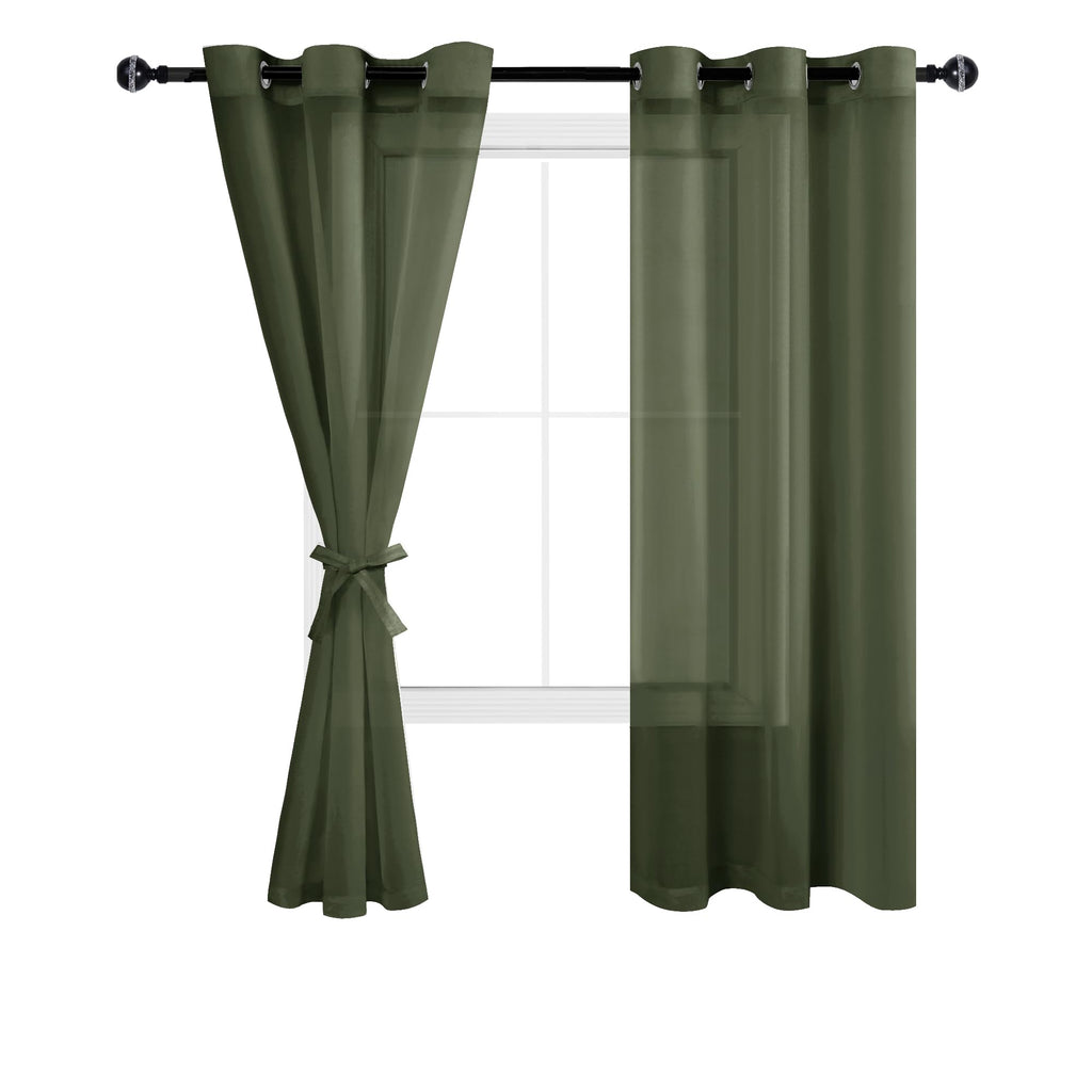 Hiasan Sheer Curtains For Living Room With Tiebacks, Light Filtering Airy Voile Drapes Lightweight Window Curtains For Bedroom, Nursery, Olive Green, W42 X L63, Set Of 2 Soft Textured Panels