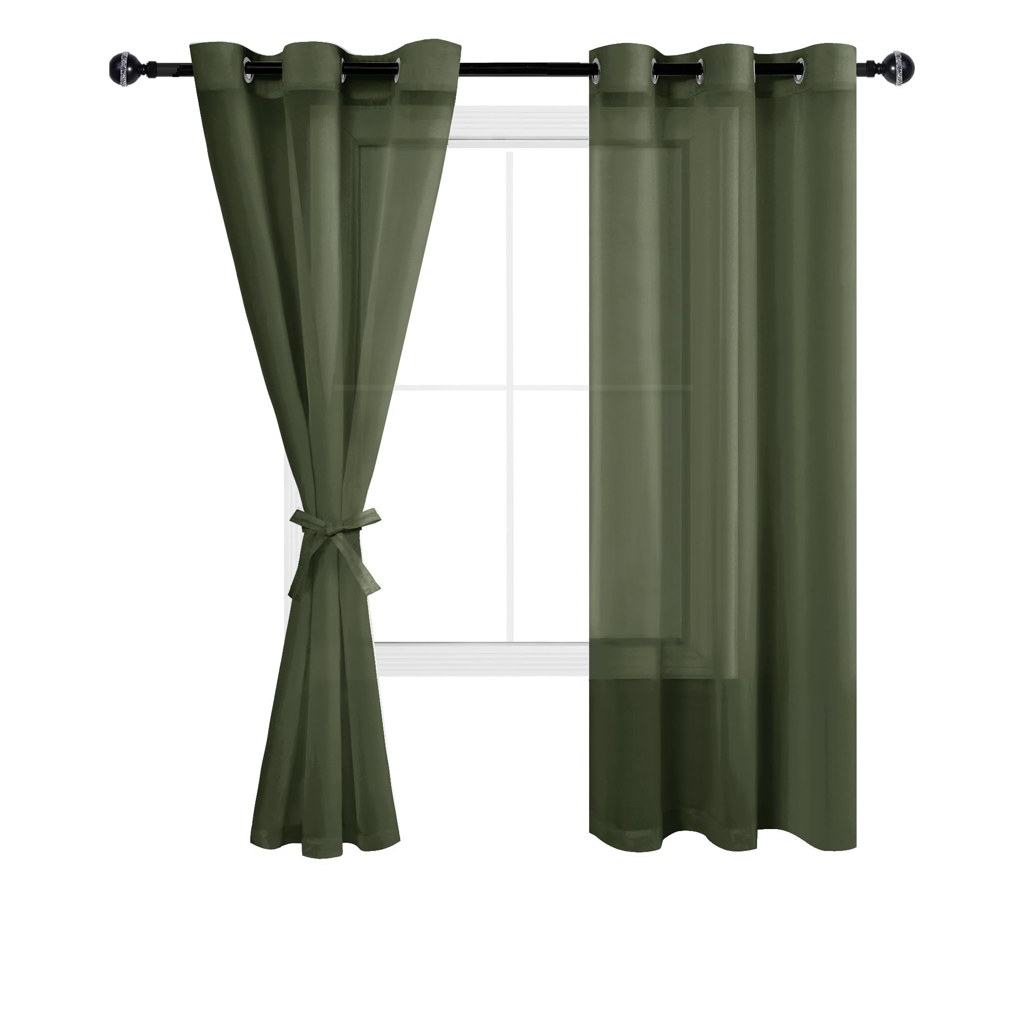 Hiasan Sheer Curtains For Living Room With Tiebacks, Light Filtering Airy Voile Drapes Lightweight Window Curtains For Bedroom, Nursery, Olive Green, W42 X L63, Set Of 2 Soft Textured Panels