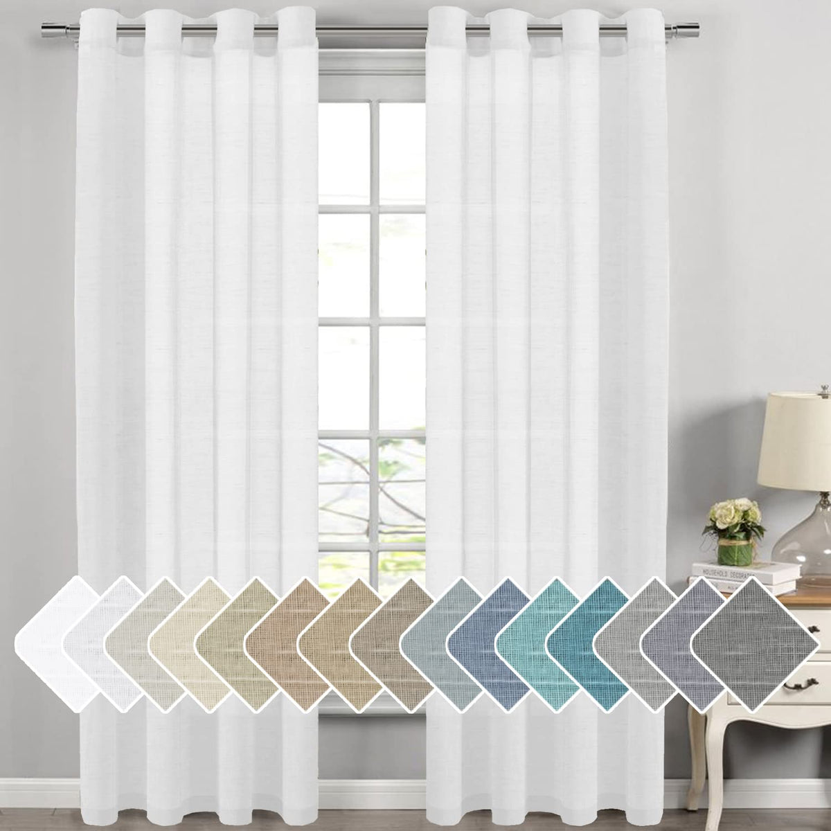 H.Versailtex Natural Linen Semi Sheer Curtains For Living Room Extra Long Curtains Made Of Rich Linen Soft Material, Nickel Grom