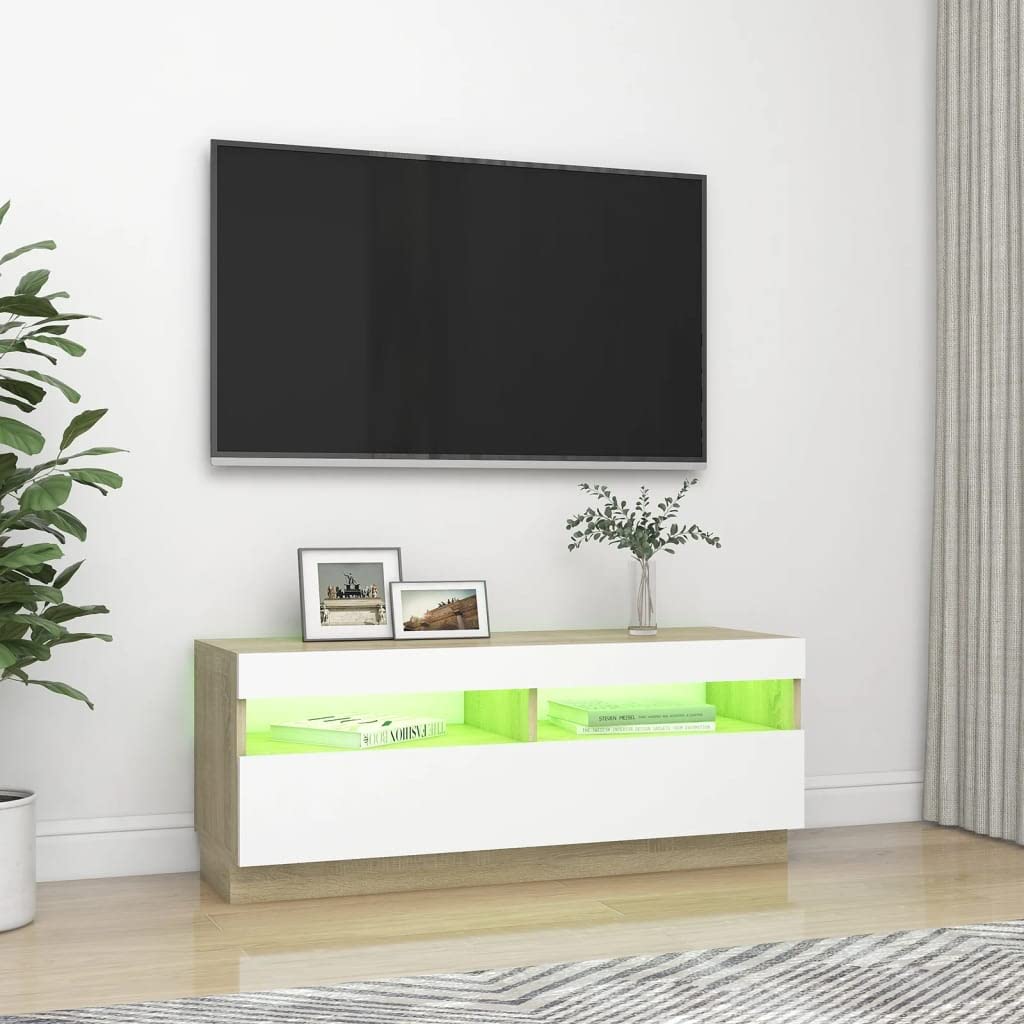vidaXL TV Cabinet with LED Lights White and Sonoma Oak 39.4&quot;x13.8&quot;x15.7&quot;