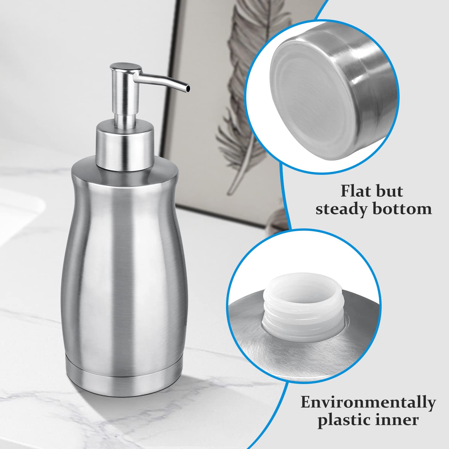 Glubee Soap Dispenser Stainless Steel - Brushed Nickel Pump Dispenser Bottle Refillable Liquid Hand Dish Soap Dispenser For Bath