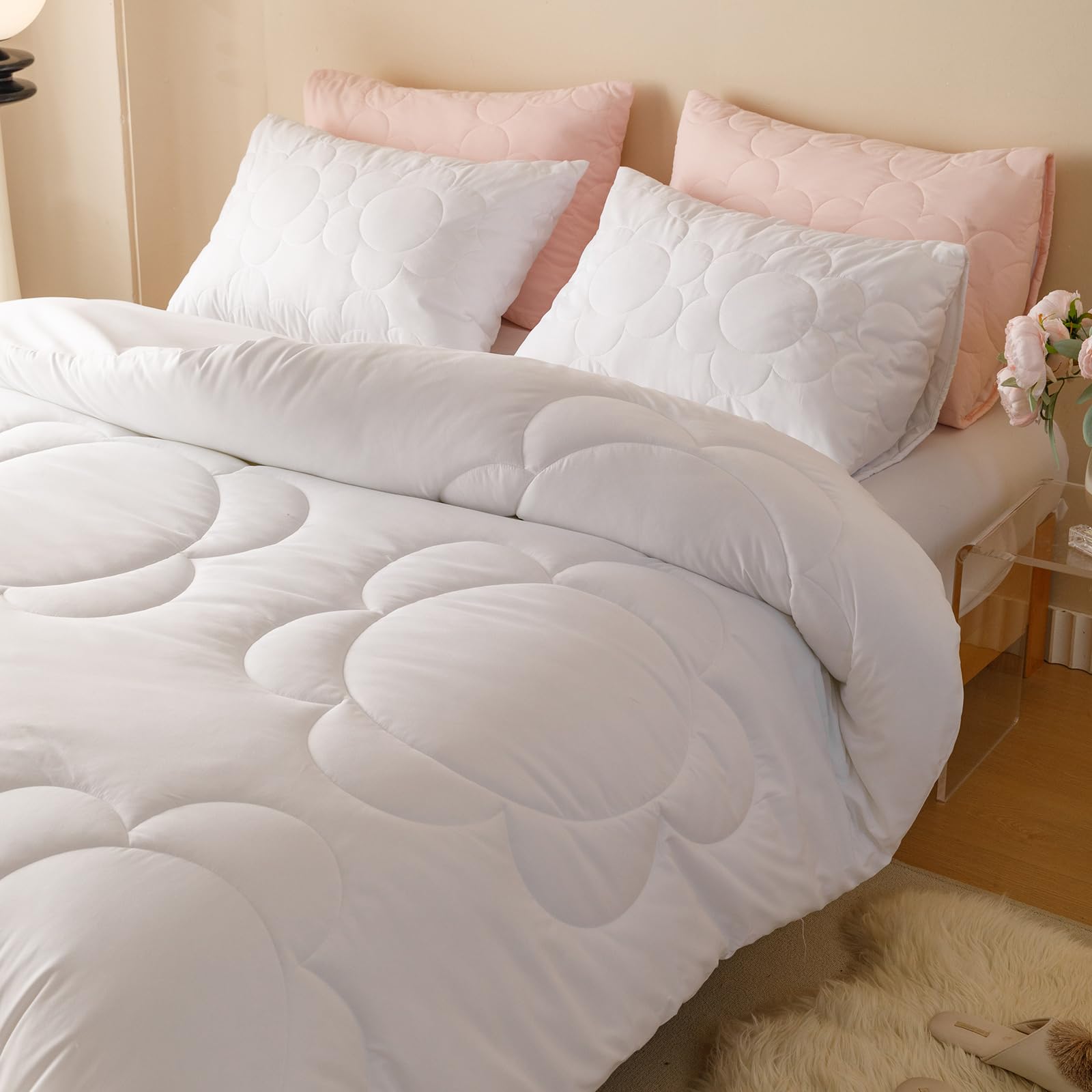 Clothknow White Twin Comforter Set 3Pcs Daisy Puff Bedding Comforter Sets Floral Boho Comforter White Comforter Twin Soft White Comforter Sets Twin