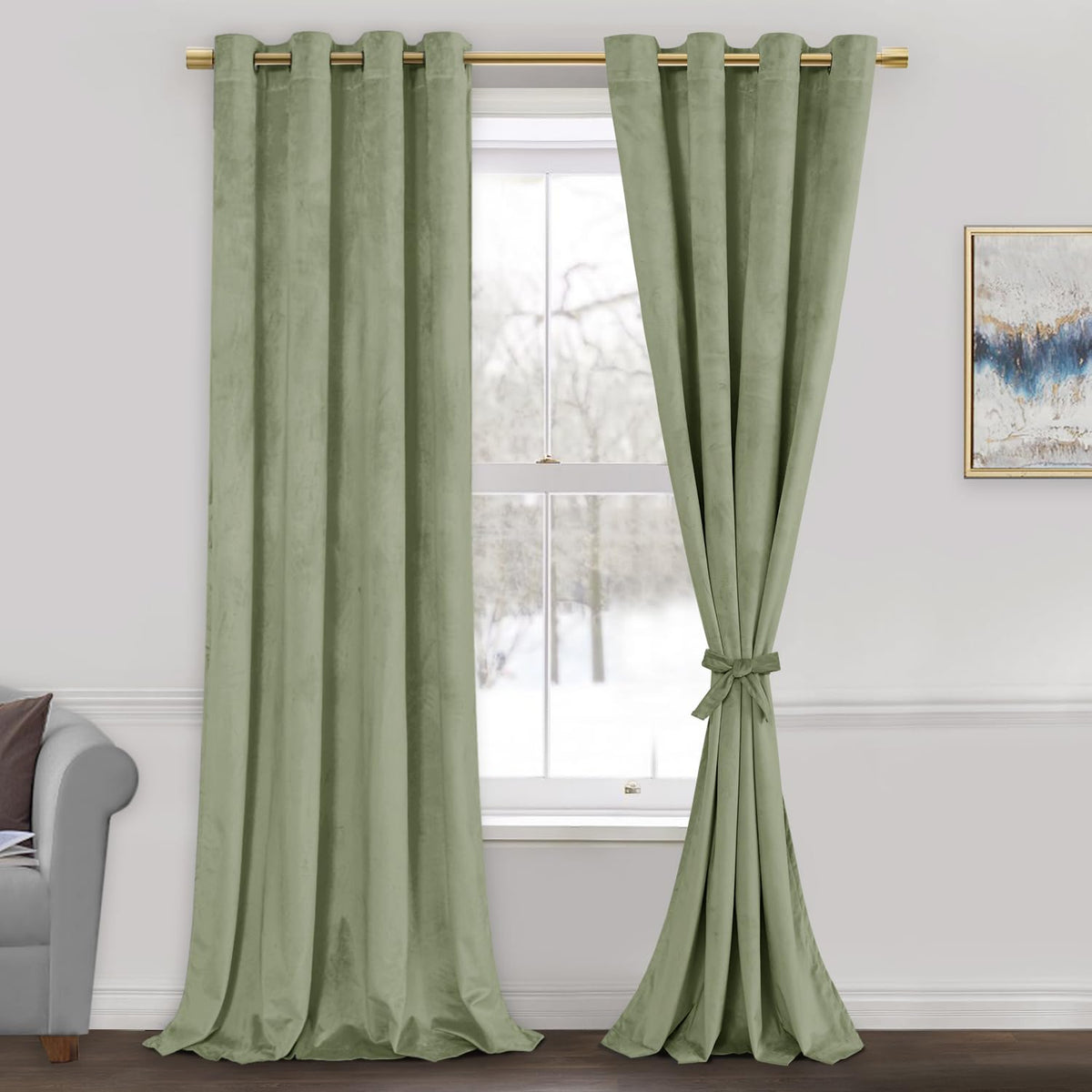 Jiuzhen Sage Green Velvet Curtains - Sage Green Bedroom Window Curtains & Drapes Room Darkening Energy Efficiency Curtains For L