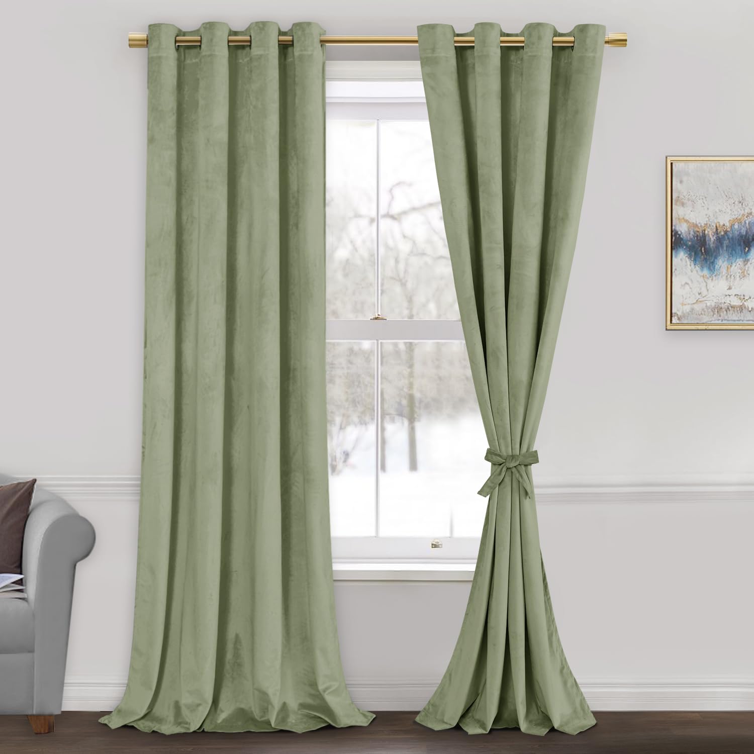 Jiuzhen Sage Green Velvet Curtains 108 Inch, Room Darkening Smooth Hand-Feeling Durable Curtains Thermal Insulated Privacy Prote