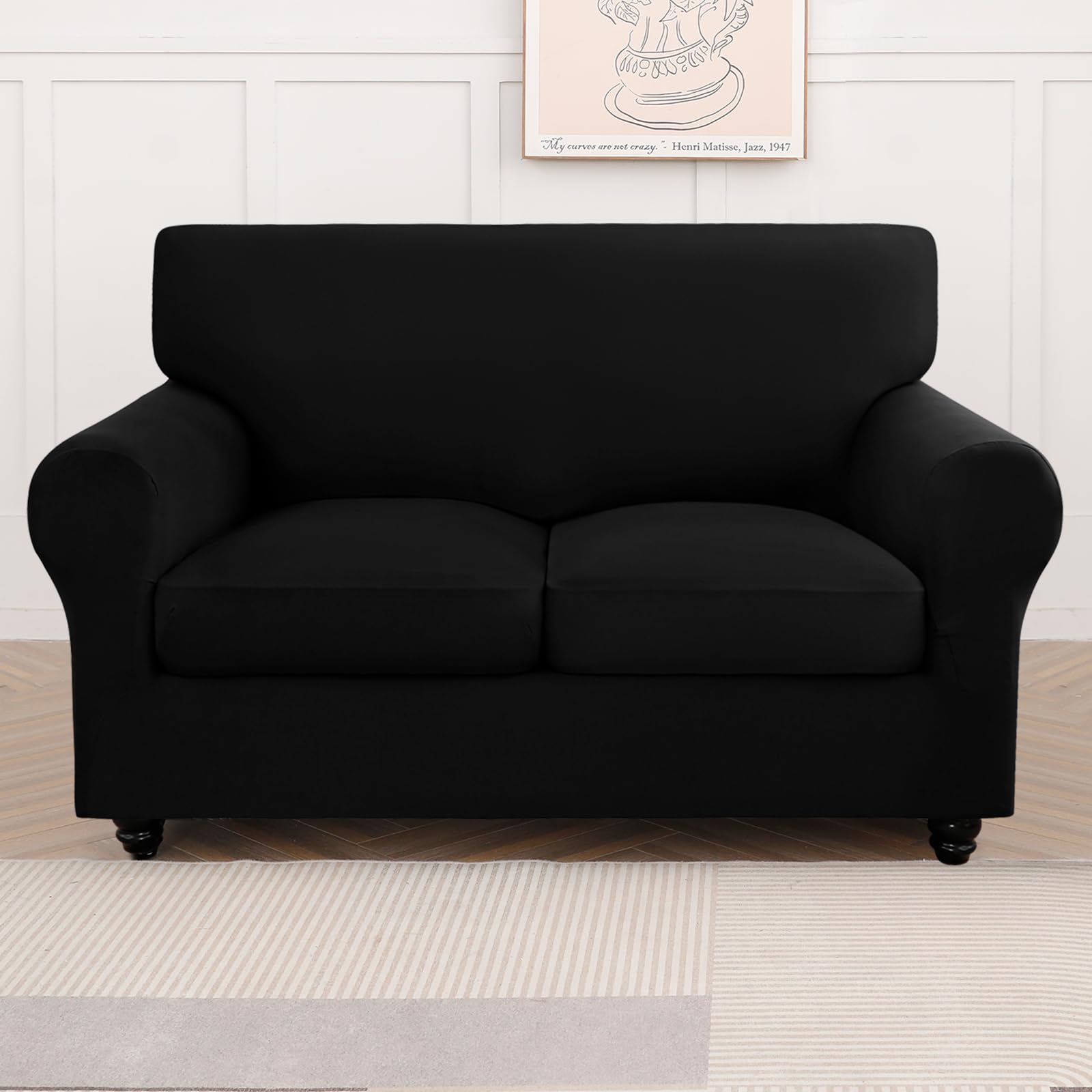 Searchi Stretch Sofa Cover Couch Cover, 3 Pieces Loveseat Slipcover With 2 Separate Cushion Cover, Washable Furniture Protector For Living Room(Loveseat, Silver Black)