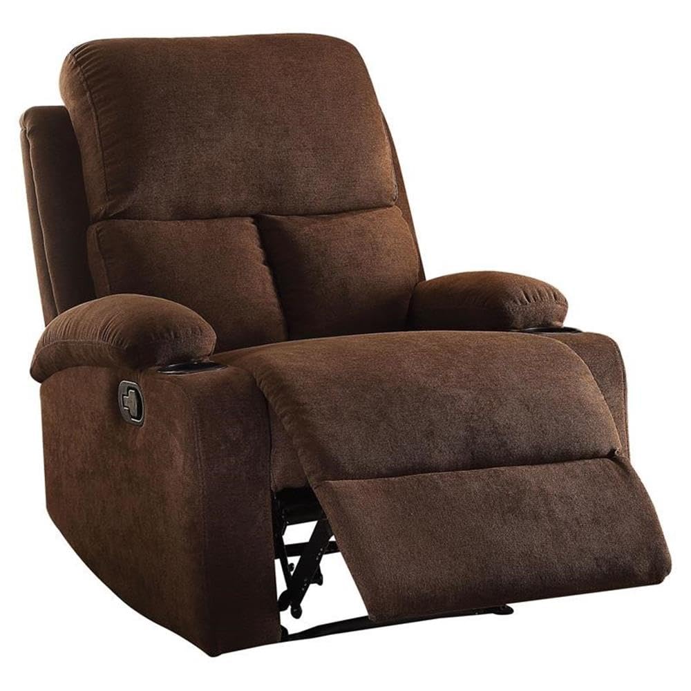 Acme Rosia Motion Recliner With Pillow Top Armrest In Chocolate Fabric