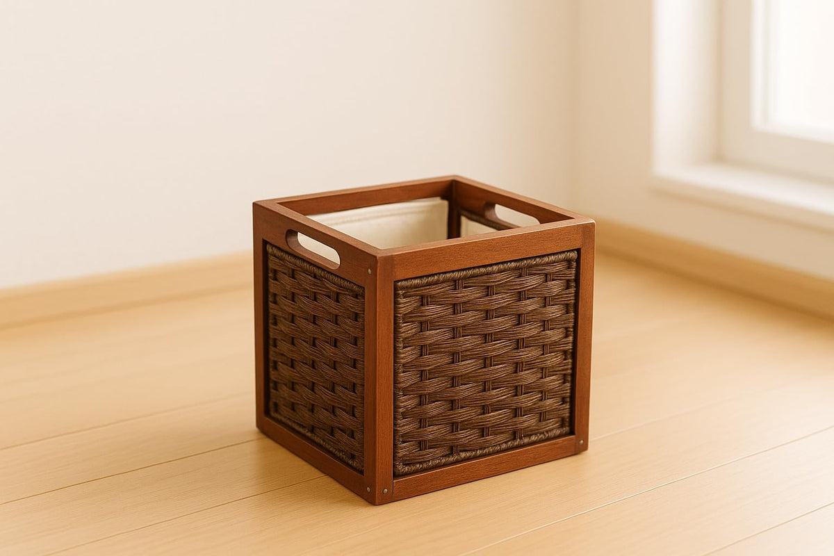 SDFUMAO Handwoven Wicker Storage Bin with Wooden Frame and Fabric Liner, Square Organizer Basket with Handles for Living Room, C