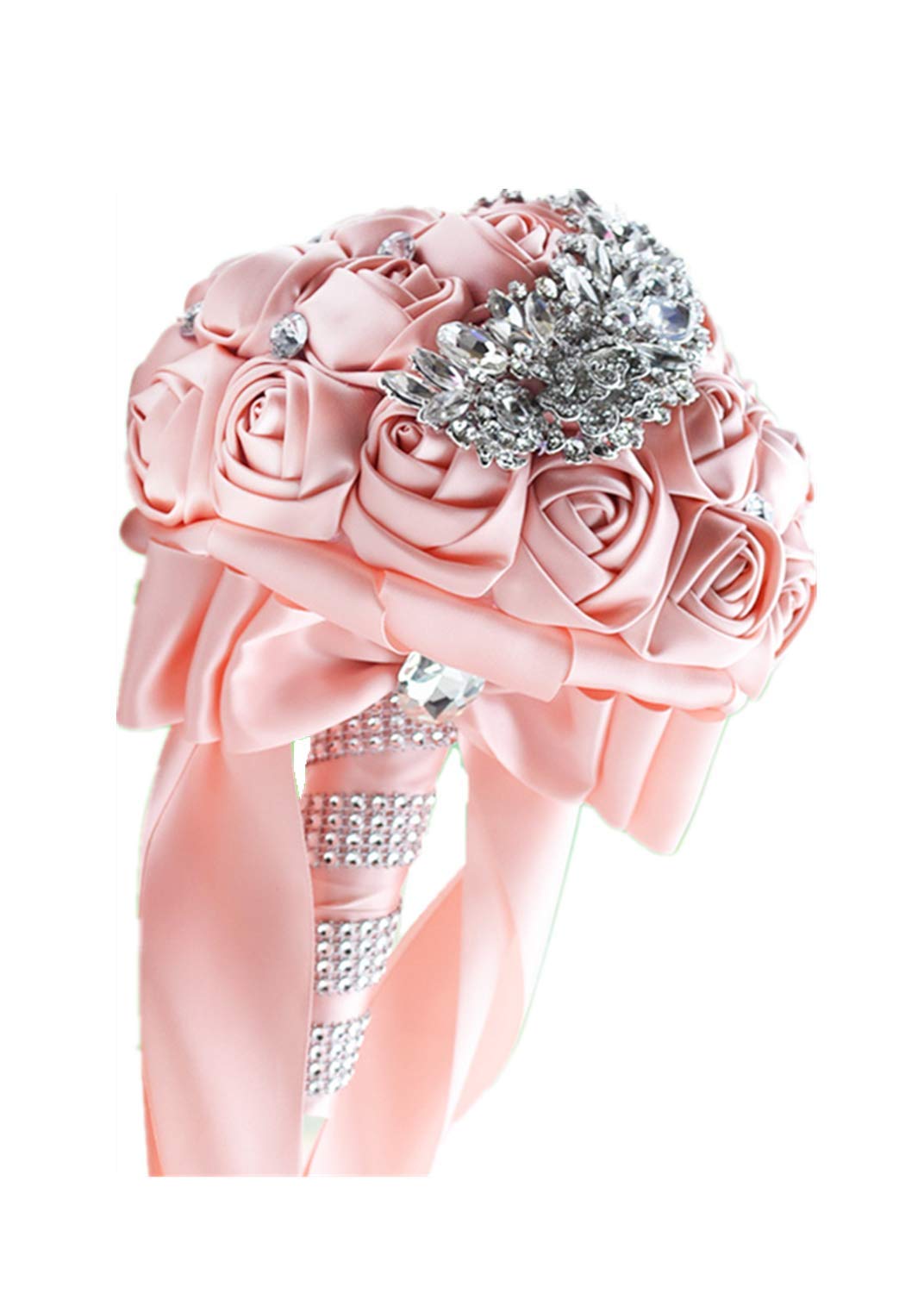 Abbie Home Quinceanera Silver Brooch Bouquet - Bride Wedding Bouquets Bridesmaids Satin Rose Flower With Sparkle Rhinestone Crys