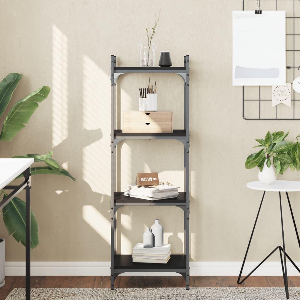 vidaXL 4-Tier Black Bookcase - Engineered Wood and Metal Frame - Adjustable Feet for Stability - Industrial Style Home Decor Bookshelf