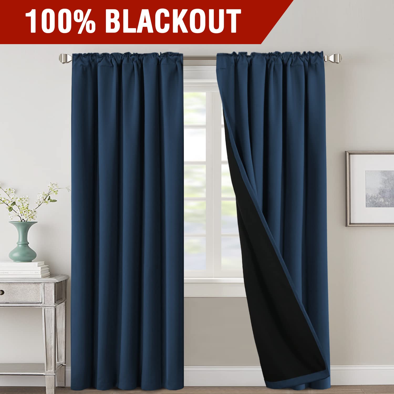 H.Versailtex 100% Blackout Curtains For Bedroom With Black Liner Full Room Darkening Curtain 96 Inch Long Thermal Insulated Back