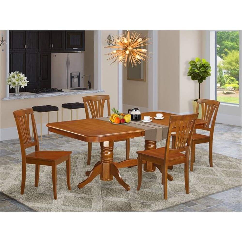 East West Furniture NAAV5-SBR-W 5 Piece Kitchen Table Set for 4 Includes a Rectangle Dining Room Table with Butterfly Leaf and 4 Solid Wood Seat Chairs, 40x78 Inch, Saddle Brown