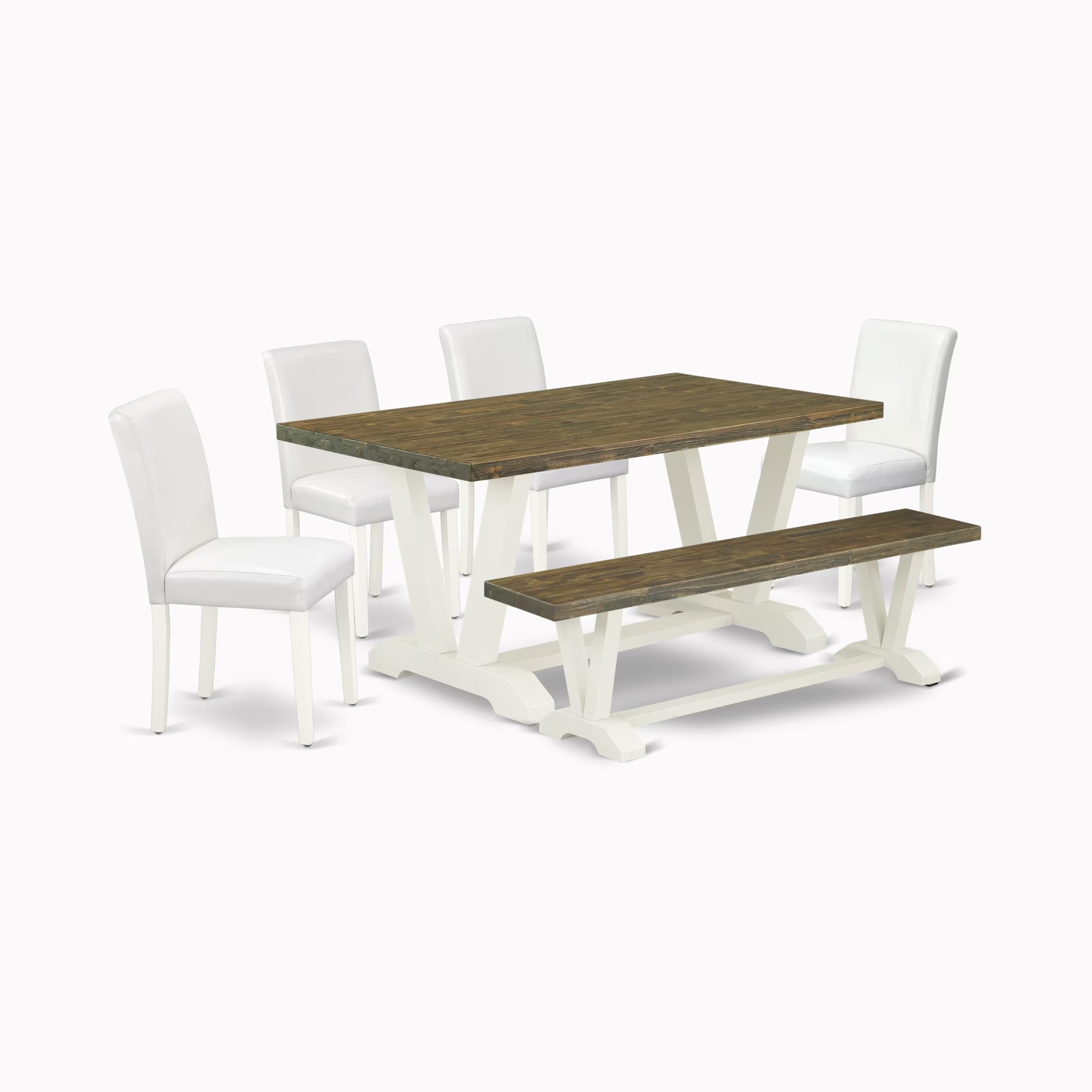 East West Furniture V076Ab264-6 6 Piece Kitchen Table Set Contains A Rectangle Dining Table With V-Legs And 4 White Faux Leather Parson Chairs With A Bench, 36X60 Inch, Multi-Color