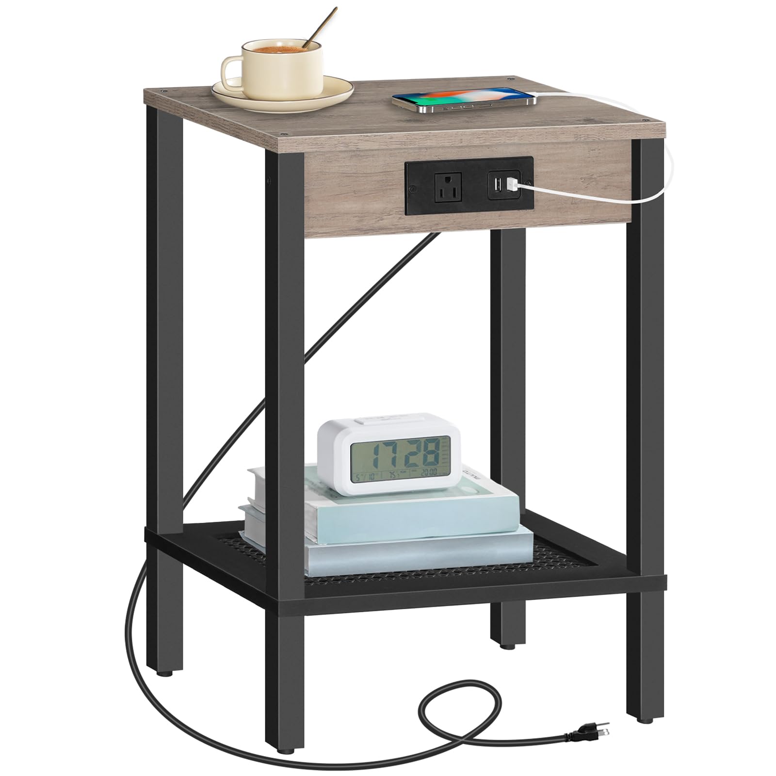 HOOBRO Side Table with Charging Station, End Table with USB Ports and Outlet, Nightstand with Storage Shelf, Faux Rattan Decorat