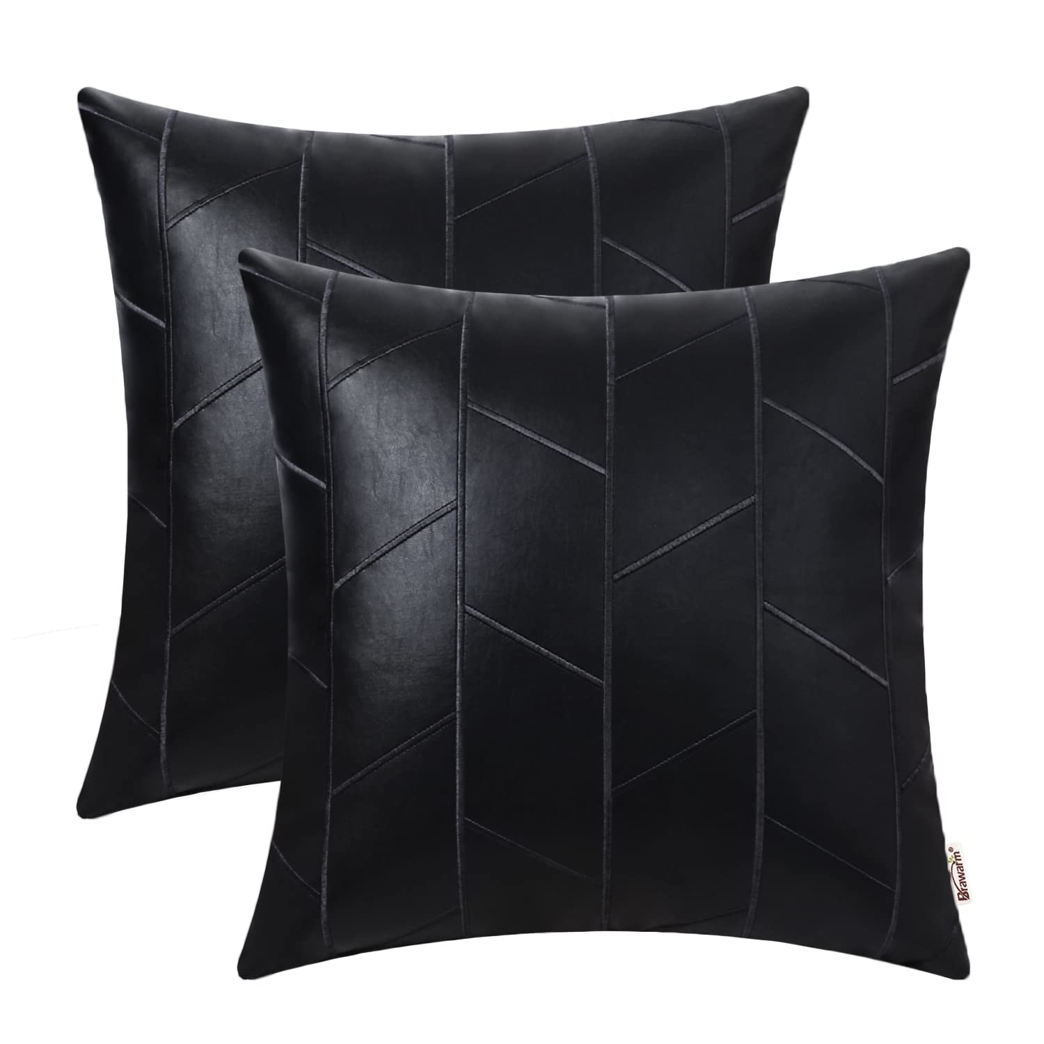 Brawarm Faux Leather Pillow Covers 20 X 20 Inches, Black Leather Pillow Covers Pack Of 2, Geometric Embroidery Leather Decorativ