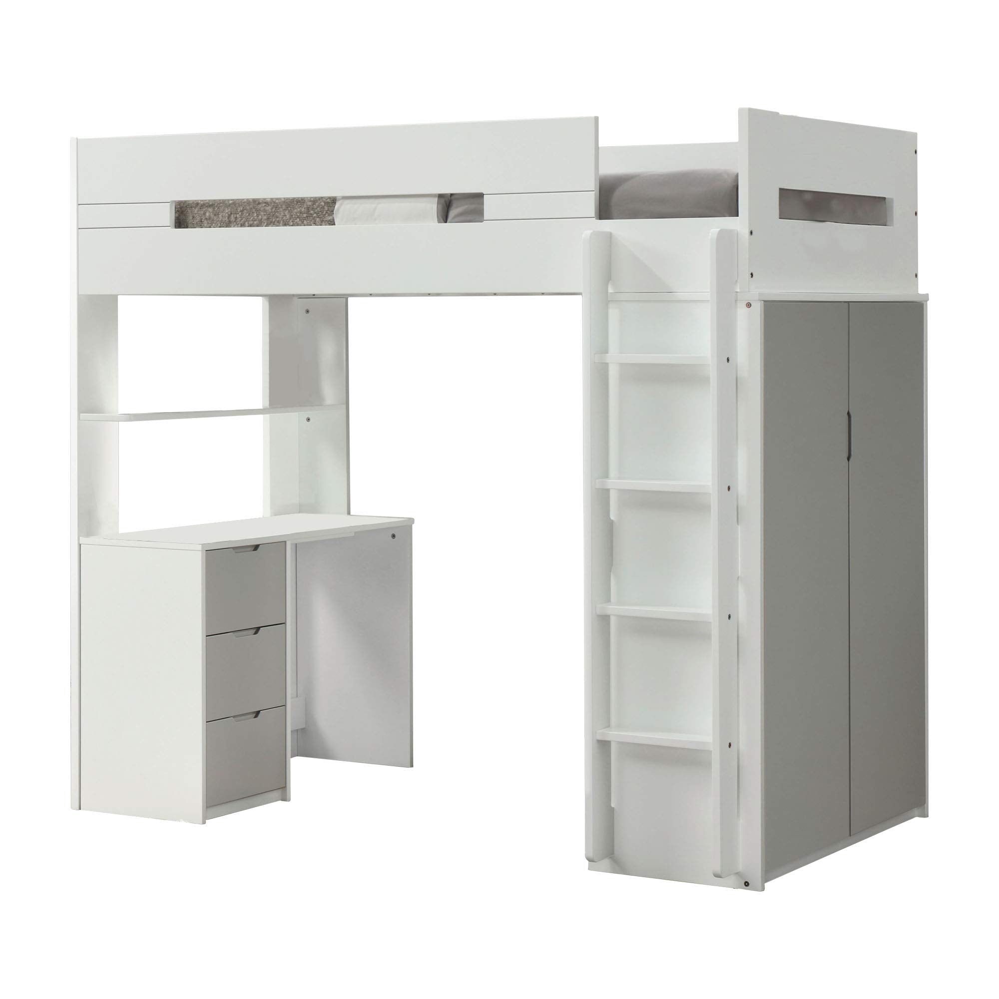 Benjara Wooden Twin Size Loft Bunk Bed with Workstation, White and Gray