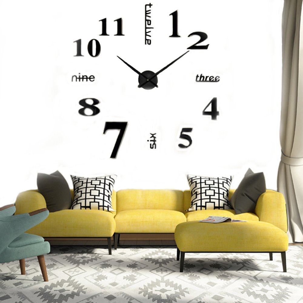 CUGBO DIY Wall Clock Modern Large 3D Wall Clock Mirror Stickers Home Office Decor,Black