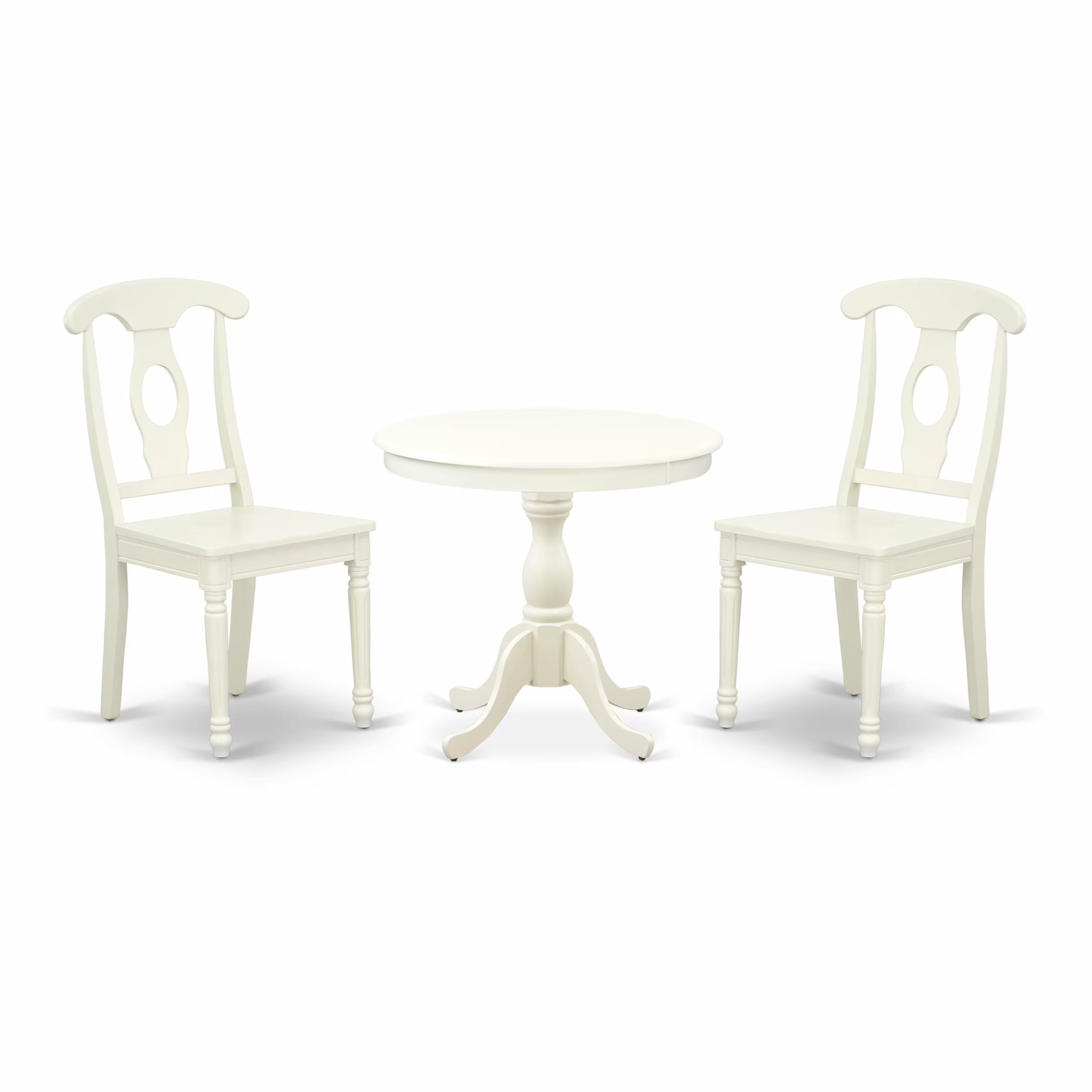 East West Furniture AMKE3-LWH-W 3 Piece Dining Table Set for Small Spaces Contains a Round Kitchen Table with Pedestal and 2 Kitchen Dining Chairs, 36x36 Inch, Linen White