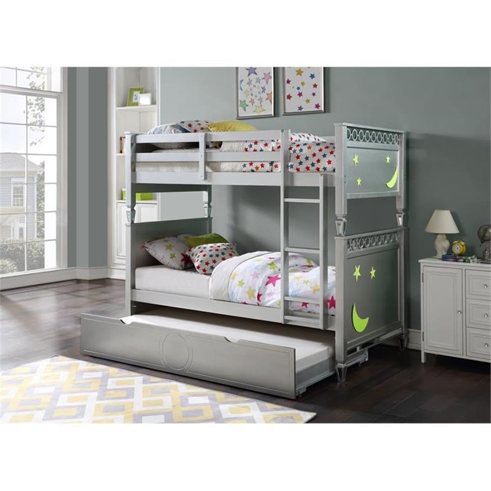 Acme Powell Twin Over Twin Wooden Bunk Bed with Trundle in Silver