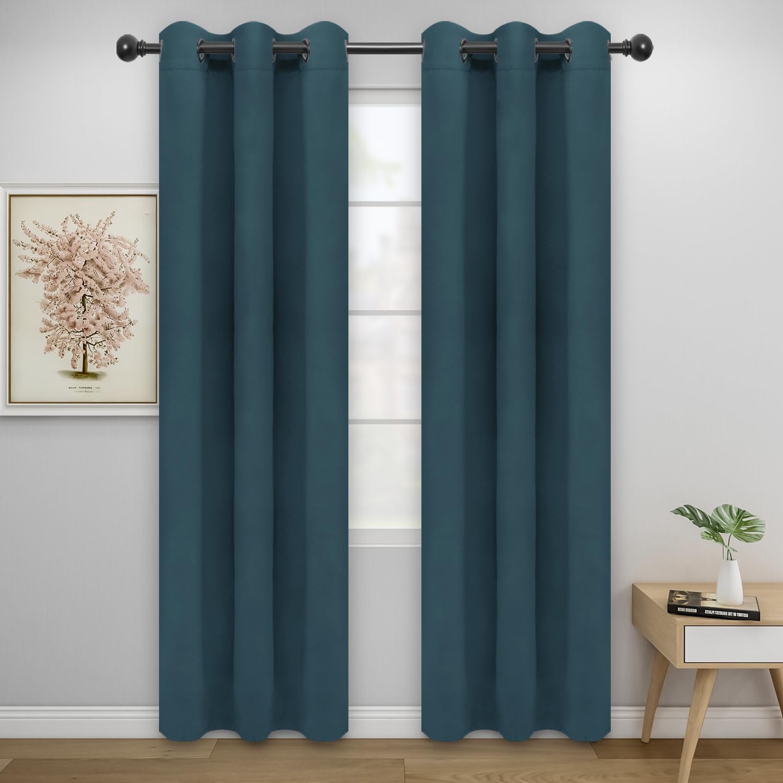 Easy-Going Blackout Curtains For Bedroom, Solid Thermal Insulated Grommet And Noise Reduction Window Drapes, Room Darkening Curtains For Living Room, 2 Panels (34X84 In, Bluestone)