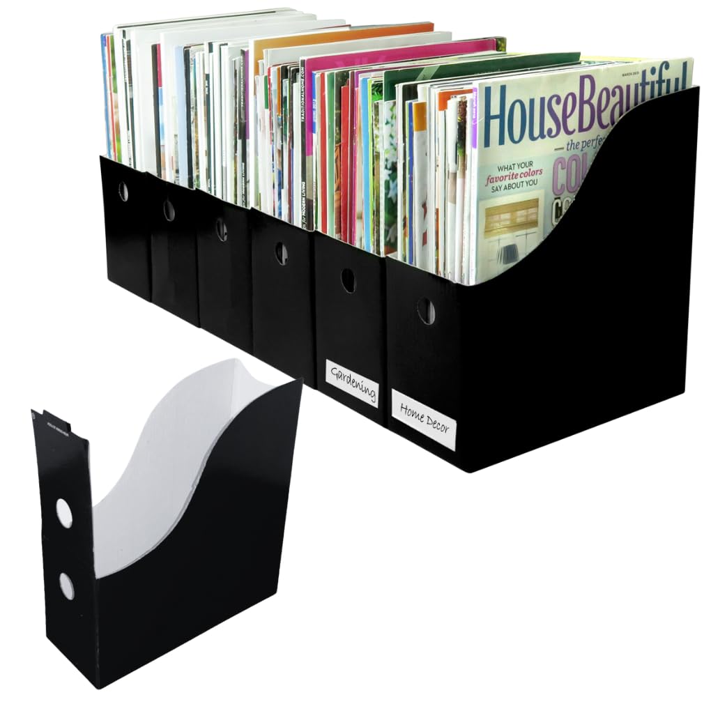 Evelots Magazine File Holder - Set of 6 Black - Office Desk Organizer - Sturdy Cardboard - New Upgraded Double Front Panel for M