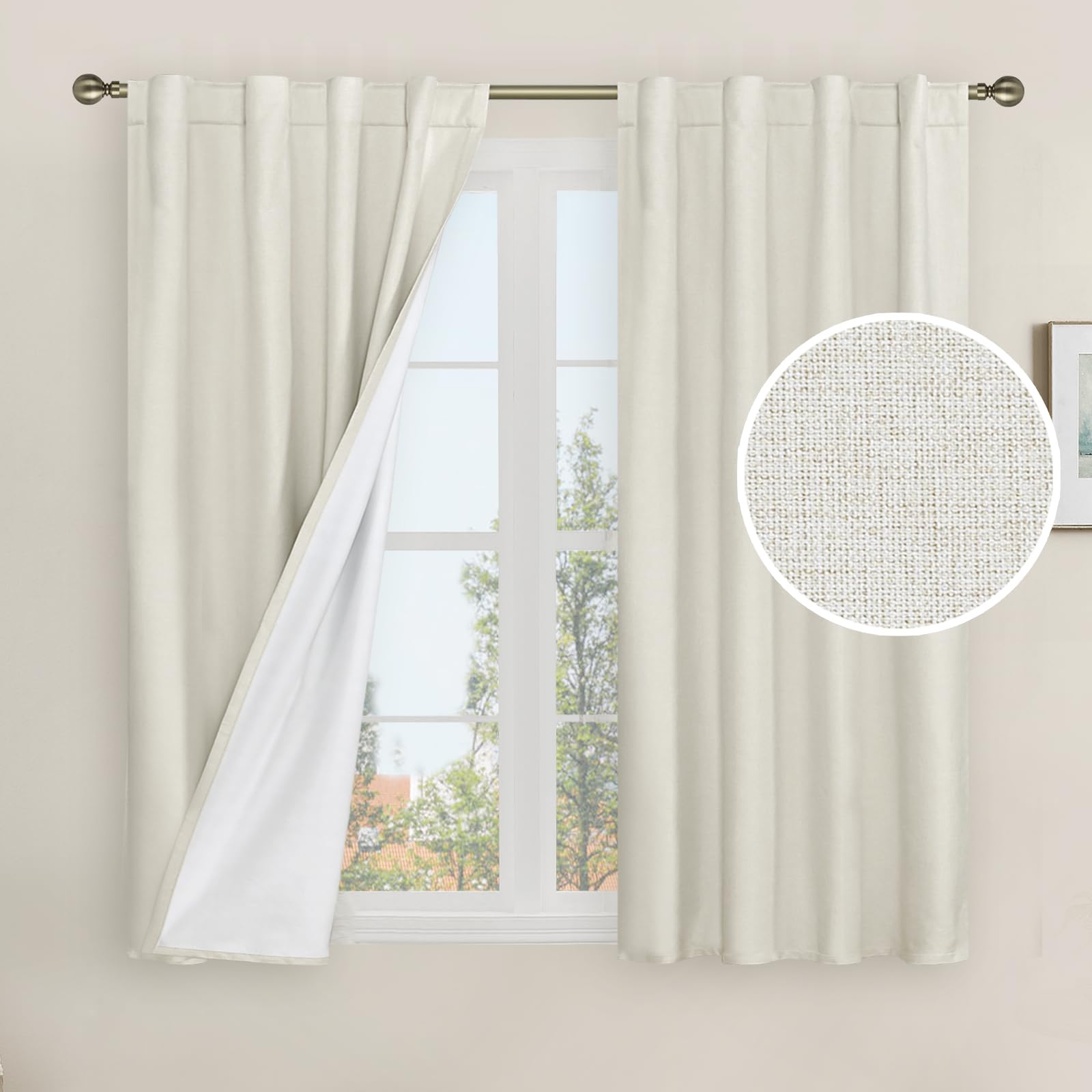 Lamit Natural 100% Blackout Linen Curtains, 45 Inches Linen Textured Thermal Bedroom Curtains Back Tab And Rod Pocket Neutral Pa