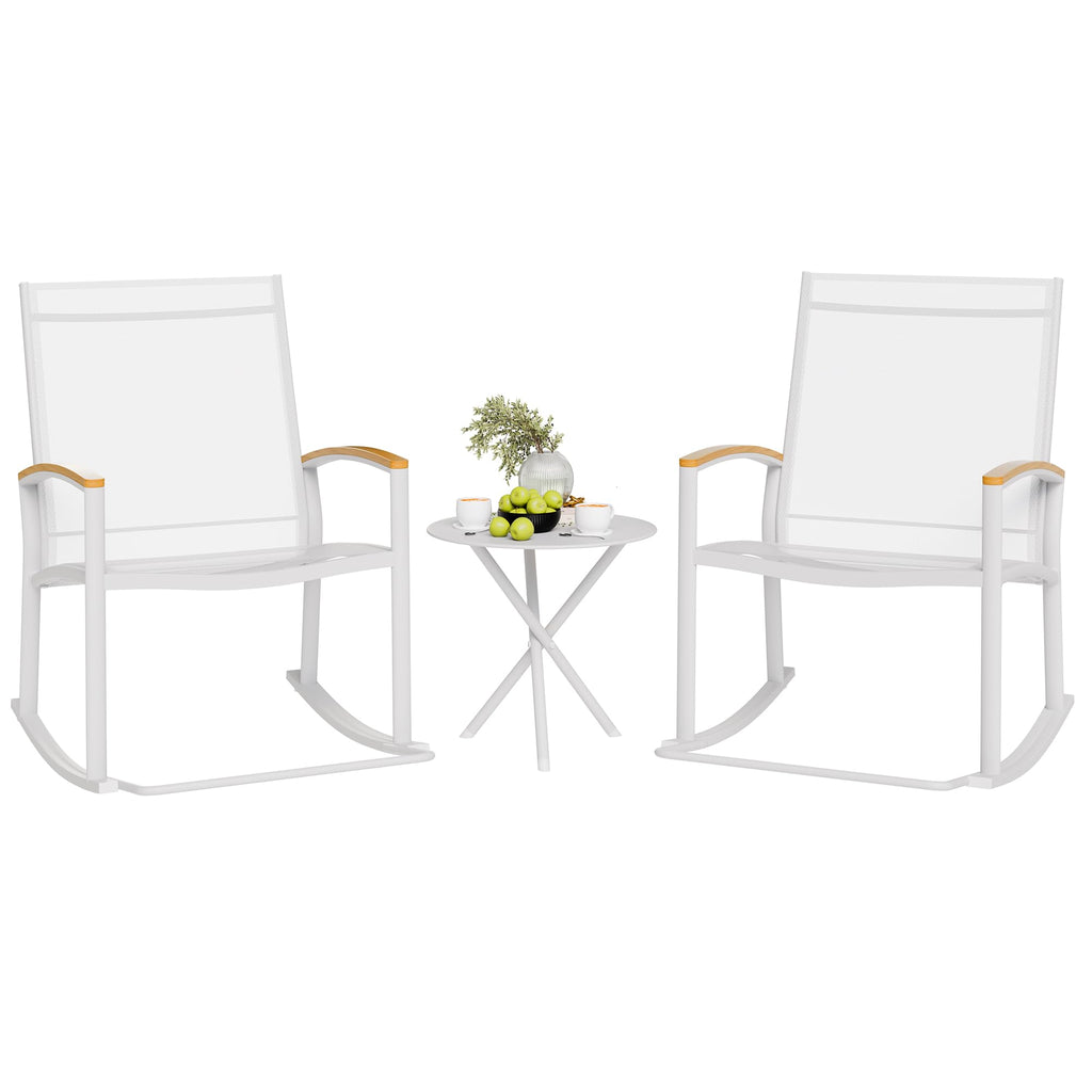 Shintenchi 3 Piece Outdoor Rocking Bistro Set, Textilene Fabric Small Patio Furniture Set, Front Porch Rocker Chairs Conversation Set With Table For Lawn, Garden, Balcony, Poolside (White)