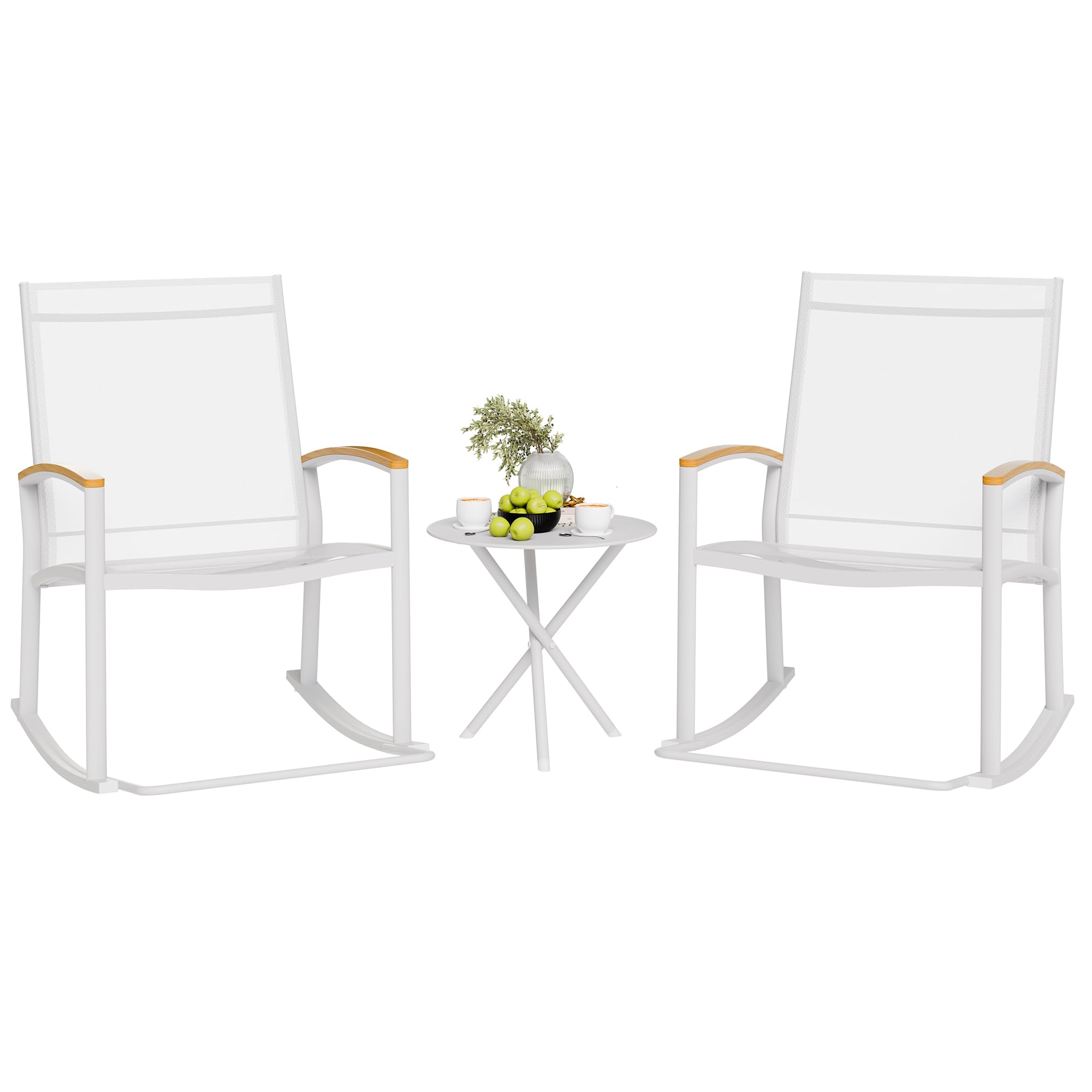 Shintenchi 3 Piece Outdoor Rocking Bistro Set, Textilene Fabric Small Patio Furniture Set, Front Porch Rocker Chairs Conversation Set With Table For Lawn, Garden, Balcony, Poolside (White)
