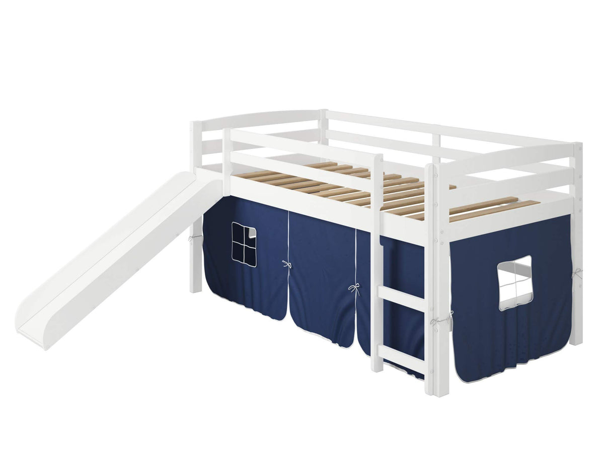 HomeRoots 41' X 81' X 46' White Solid Pine Blue Tent Loft Bed with Slide and Ladder