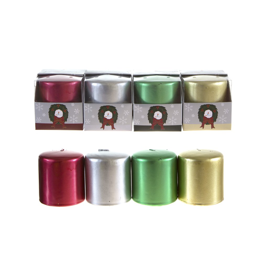 Mega Candles Set of 4 Unscented 2.5 Inch x 3 Inch Metallic Pillar Candles, Holidays, Seasonal, Celebrations, Devotional, Church,