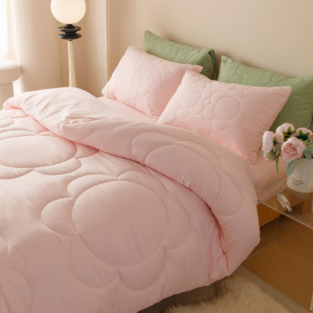 Clothknow Queen Pink Comforter Set 3Pcs Daisy Puff Bedding Comforter Sets Pink Floral Queen Comforter Soft Pink Queen Size Comforter Sets