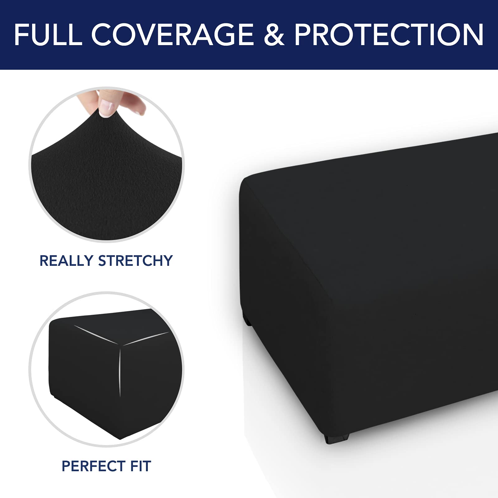Purefit Super Stretch Soft Form Fit Ottoman Cover Rectangle - Ottoman Slipcovers For Foot Stool & Folding Storage Furniture For Living Room With Nonslip Elastic Bottom (Small, Black