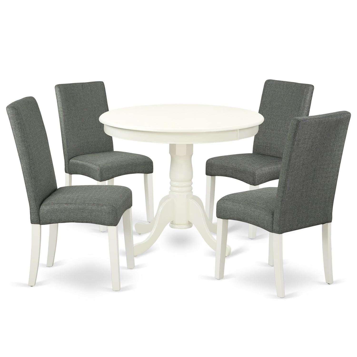East West Furniture Andr5-Lwh-07 5 Piece Dinette Set For 4 Includes A Round Kitchen Table With Pedestal And 4 Gray Linen Fabric Parson Dining Room Chairs, 36X36 Inch, Linen White