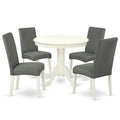 East West Furniture Andr5-Lwh-07 5 Piece Dinette Set For 4 Includes A Round Kitchen Table With Pedestal And 4 Gray Linen Fabric Parson Dining Room Chairs, 36X36 Inch, Linen White
