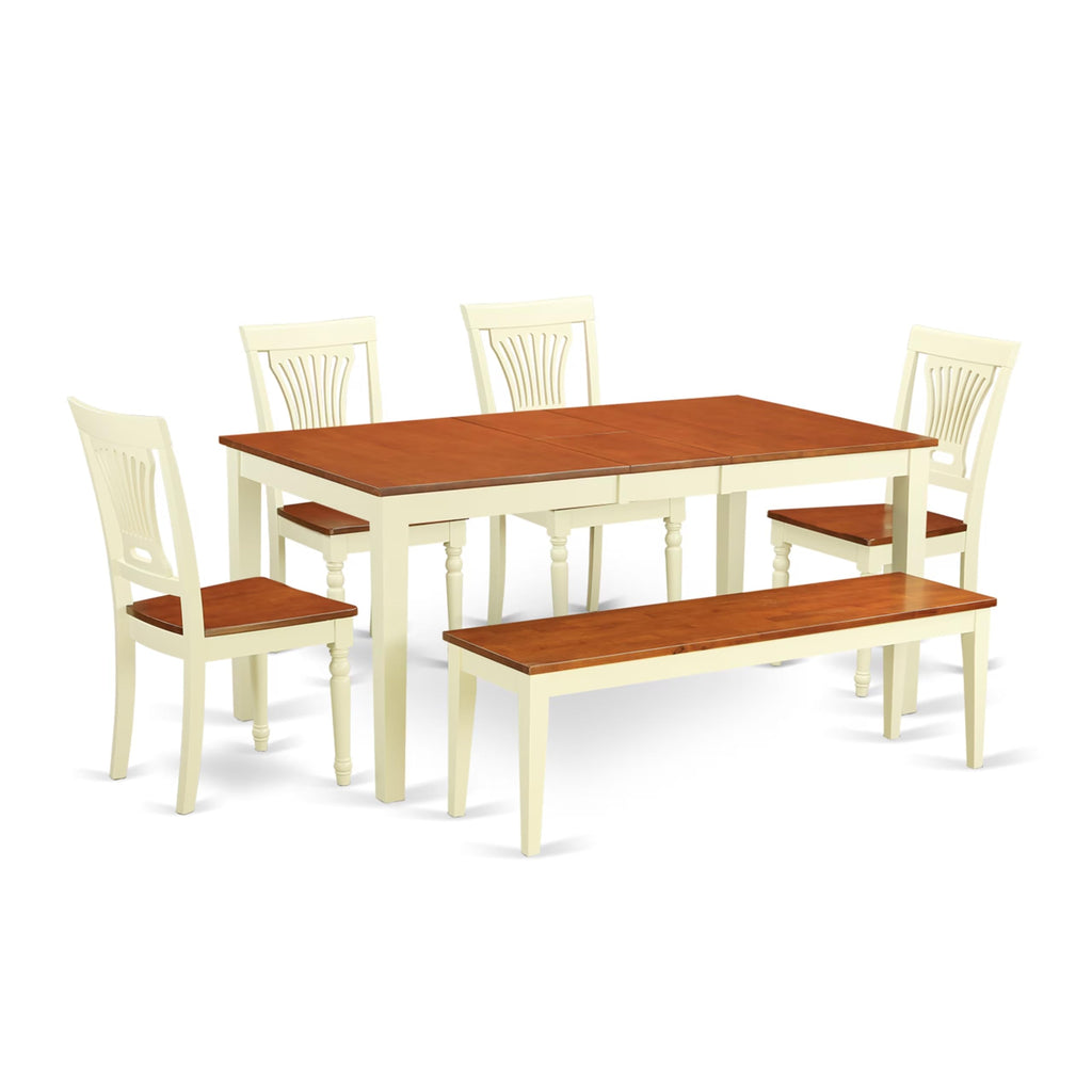 East West Furniture NIPL6-WHI-W 6 Piece Kitchen Table & Chairs Set Contains a Rectangle Dining Table with Butterfly Leaf and 4 Dining Room Chairs with a Bench, 36x66 Inch, Buttermilk & Cherry