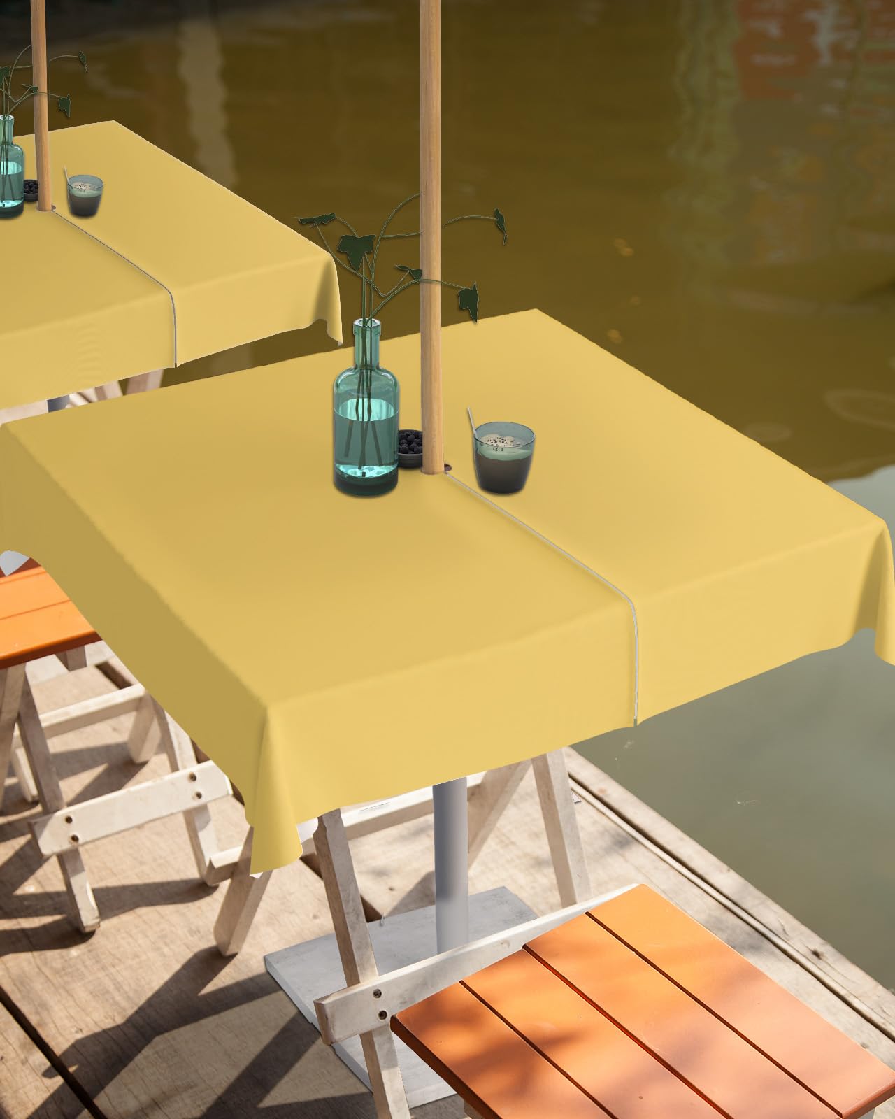 Queenker Yellow Outdoor Tablecloth With Umbrella Hole And Zipper, Solid Color Table Cover For Square Tables Waterproof Tabletop