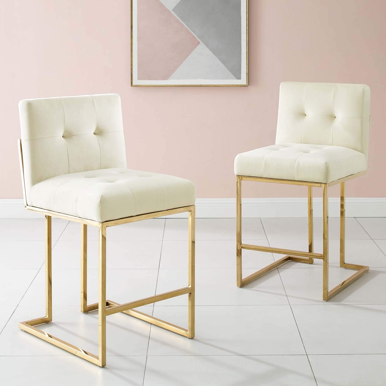 Modway Privy Stainless Steel Performance Velvet Counter Stool Set Of 2, Gold Ivory