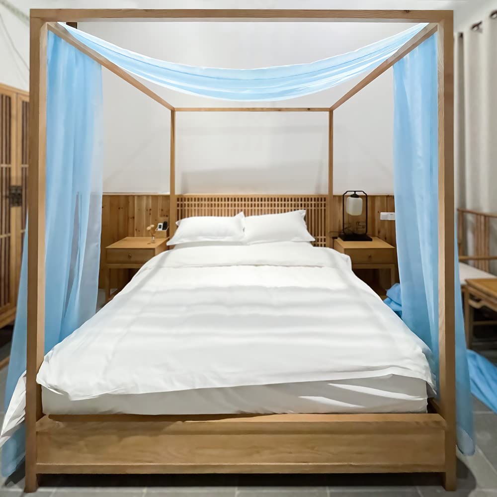 Linentalks Sky Blue Canopy Bed Curtains For Twin Bed, Luxury Sheer Bed Canopy Scarf, Sheer Scarf Valance Canopy Bed Drapes, Four