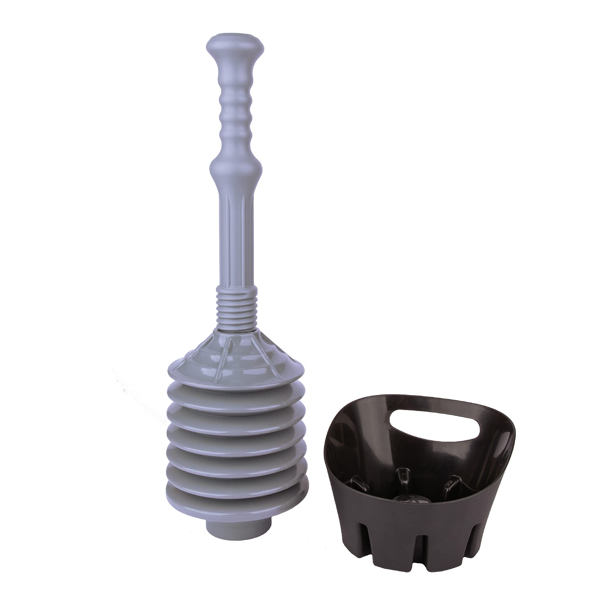 JS Jackson Supplies Grey Bellows Accordion Toilet Plunger with Black Storage Tray