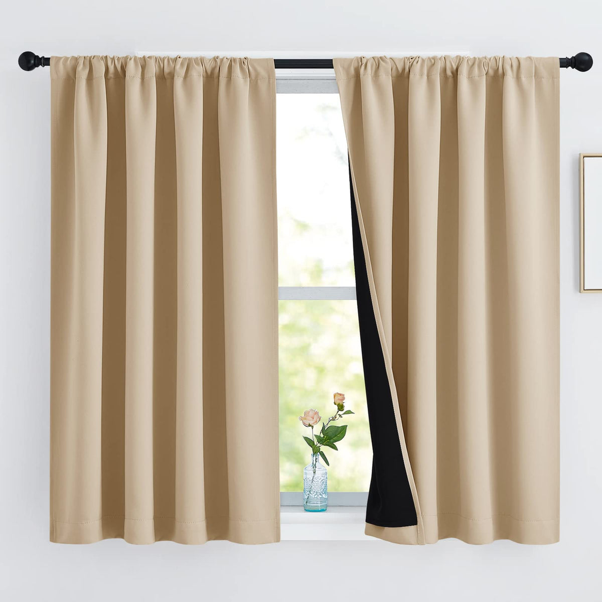 Nicetown Bedroom Full Blackout Curtain Panels, Super Thick Insulated Rod Pocket Window Covers, Blackout Draperies With Black Lin