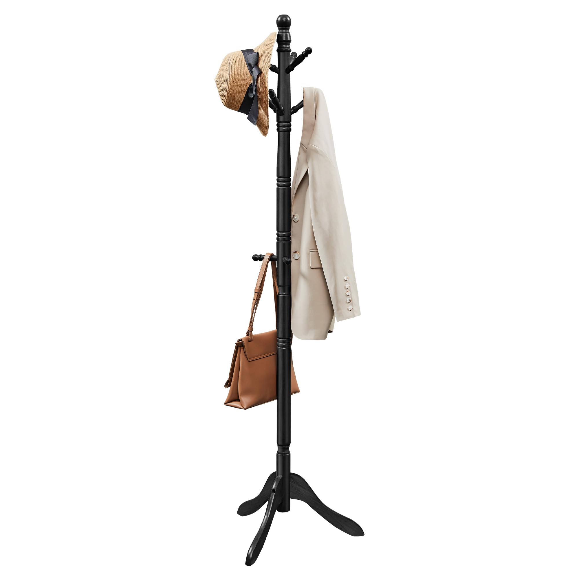 Vasagle Solid Wood Coat Rack And Stand, Free Standing Hall Coat Tree With 10 Hooks For Hats, Bags, Purses, For Entryway, Hallway, Rubberwood, Ink Black Urcr003B01