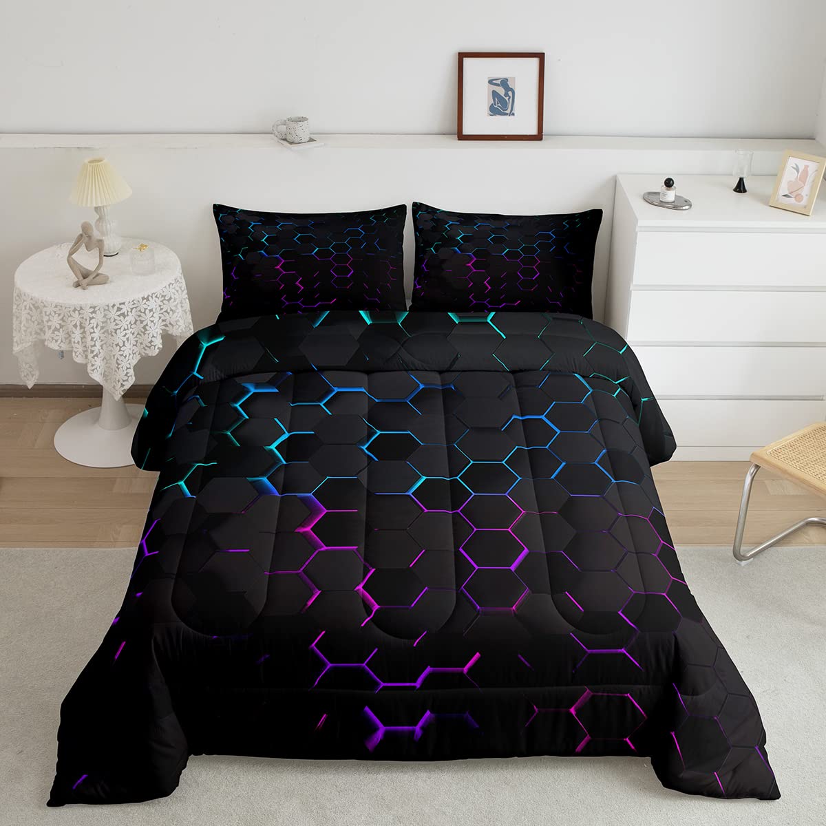 Manfei Honeycomb Comforter Set Full Size Geometric Hexagon Print Quilt Set Colorful Neon Lights Bedding Comforters 3Pcs For Kids
