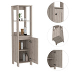 Linen Single Door Cabinet 59.3H, 2 Interior Shelves, 2 Open Shelves, Light Gray