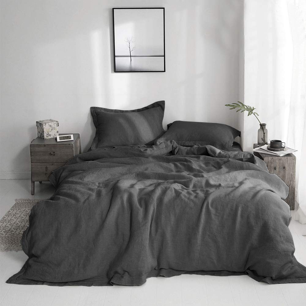 Simple&Opulence 100% Linen Duvet Cover Set With Embroidery Border Washed - 3 Pieces (1 Duvet Cover With 2 Pillow Shams) With Button Closure Soft Breathable Farmhouse - Dark Grey, Queen Size