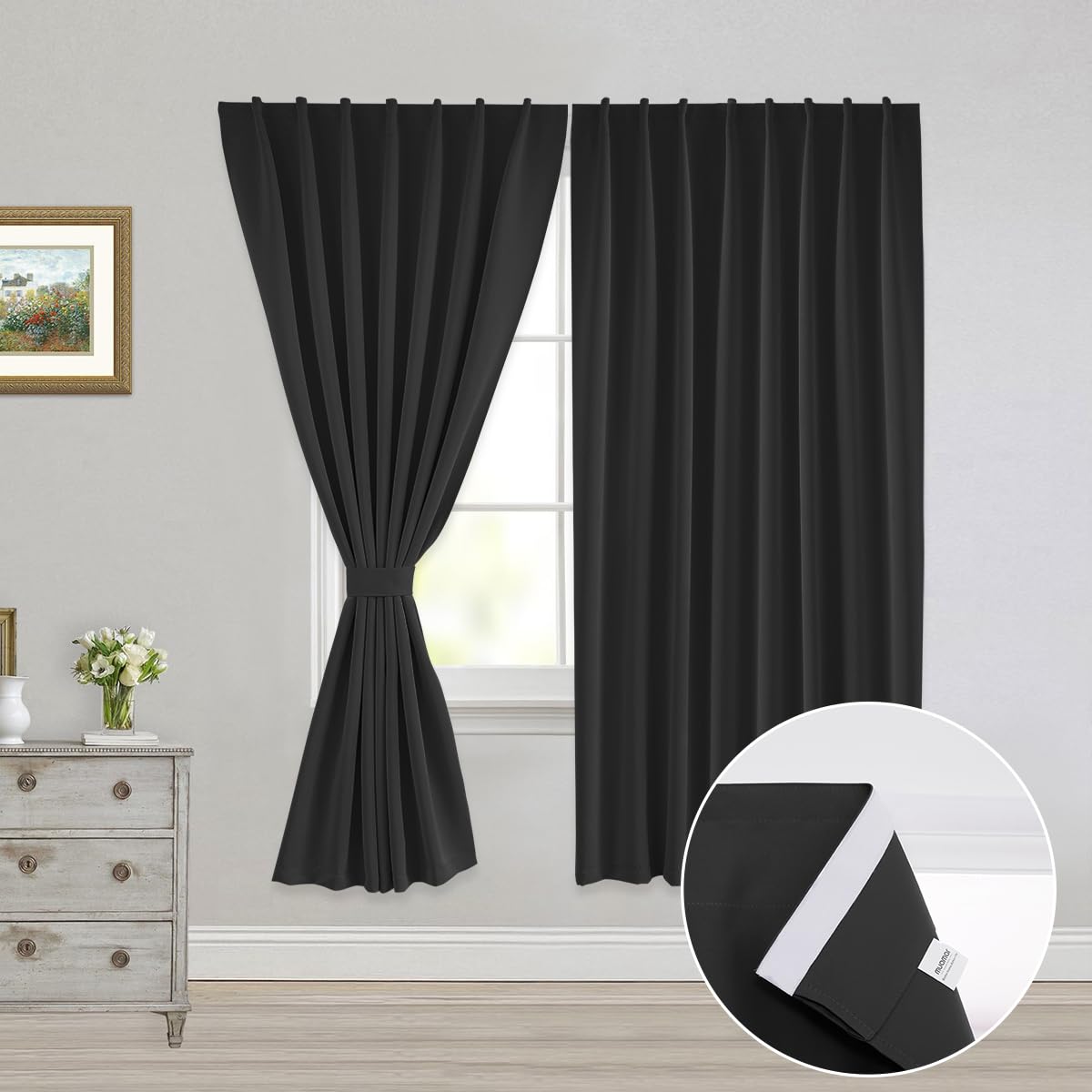 Muamar 2pcs Self Adhesive 100% Blackout Curtains for Bedroom,Portable Curtains Easy Install, Rental House Curtains Temporary Cur