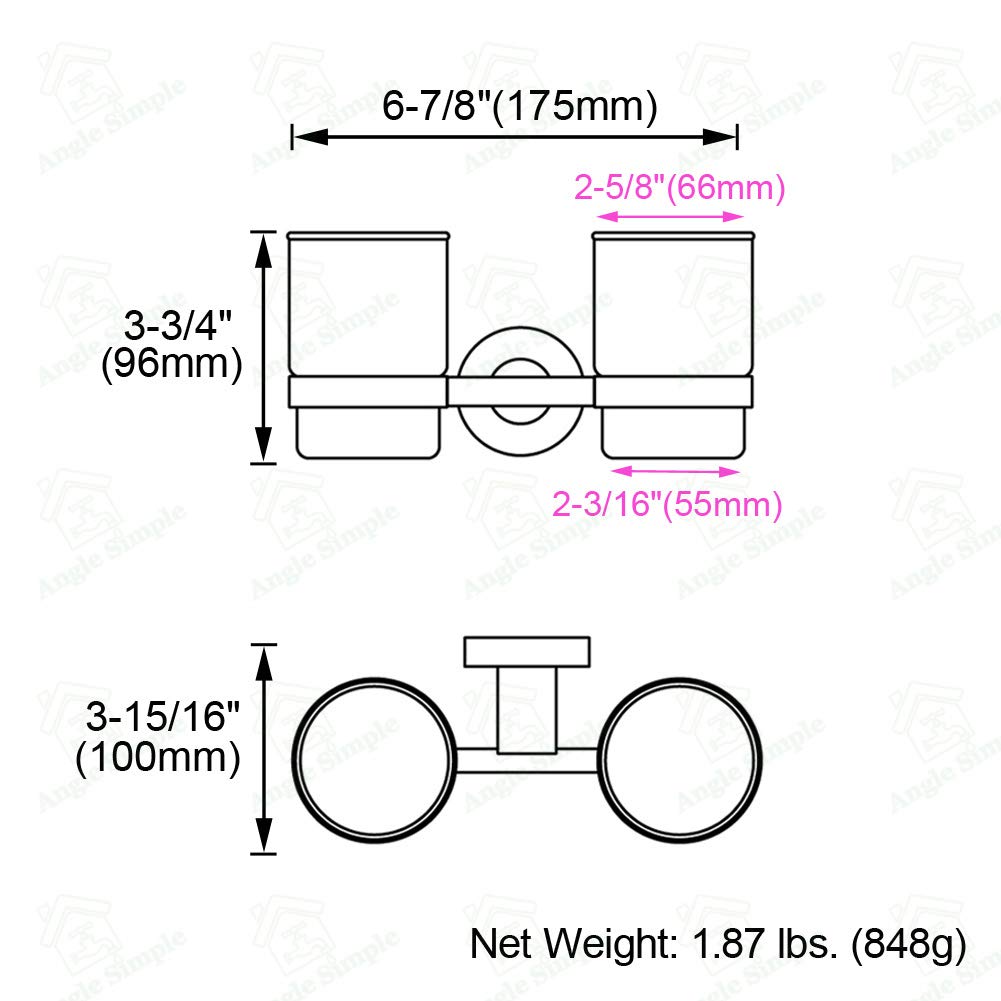 Double Toothbrush Holder, Angle Simple Sus304 Stainless Steel Wall Mounted Glass Tumbler Holder With Frosted Glass Cup Toothpast