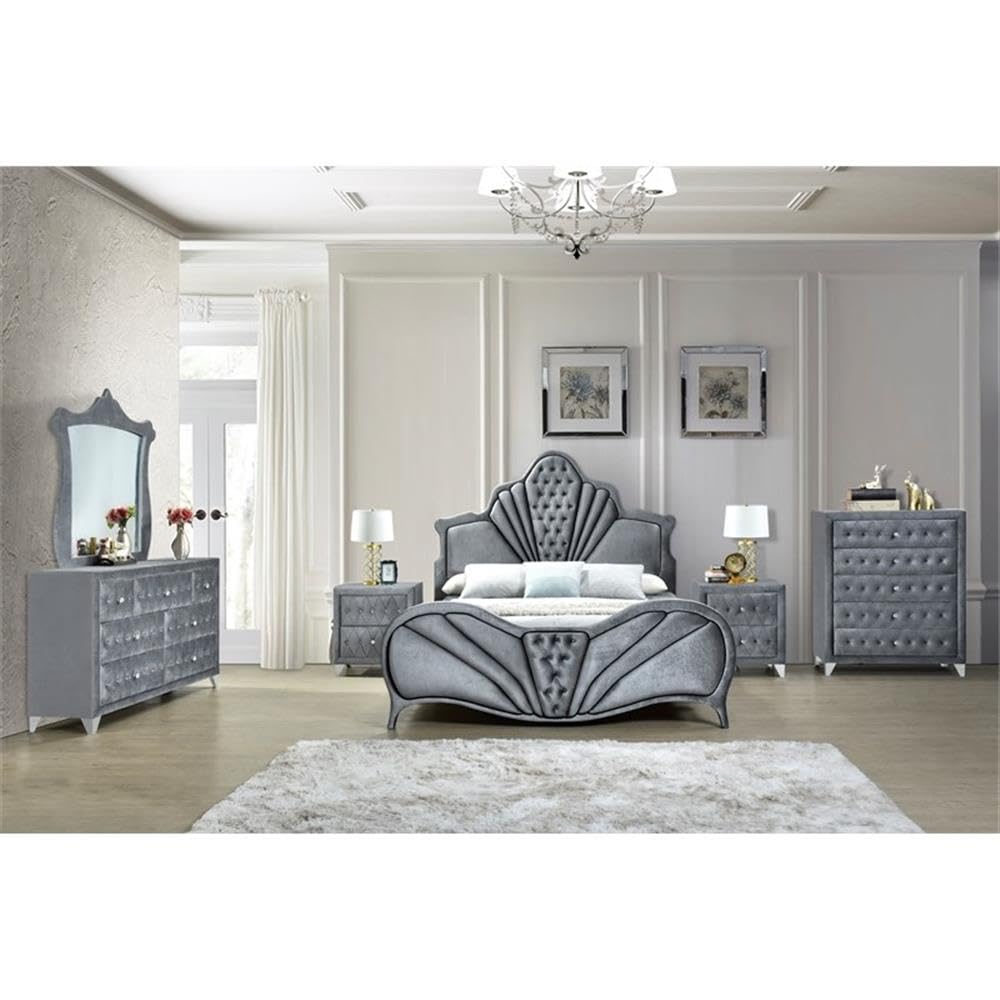 Acme Rectangular Upholstered 5-Drawer Dante Chest in Gray Velvet