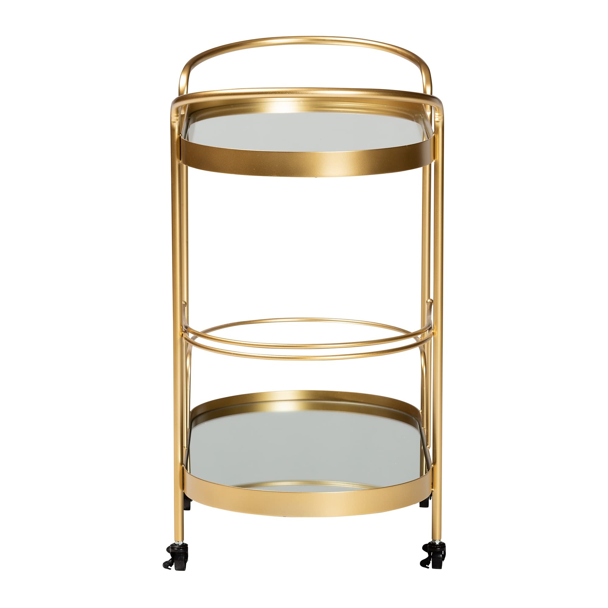 Baxton Studio Kamal Modern and Contemporary Glam Brushed Gold Finished Metal and Mirrored Glass 2-Tier Mobile Wine Bar Cart