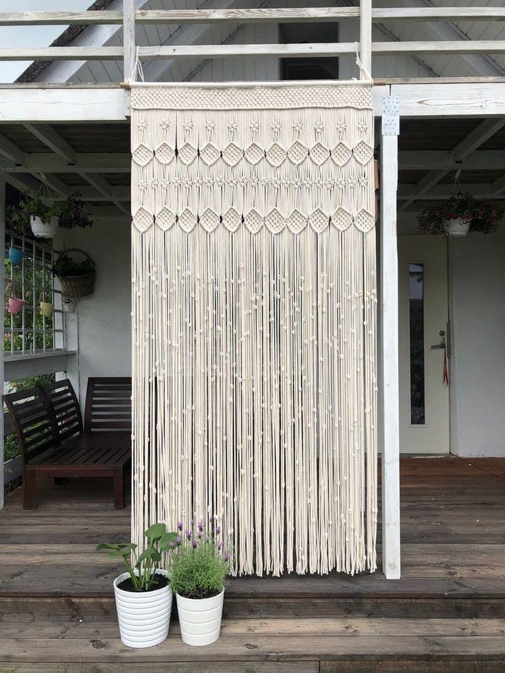 R.R.Lala Solid Semi Sheer Macrame Door Curtain | Large Wedding Backdrop Wall Hanging Tapestry White | Macrame Window Curtain | O